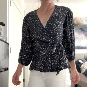 Ganni Viscose Wrap Top Navy & Ivory Peasant sleeves Small/medium